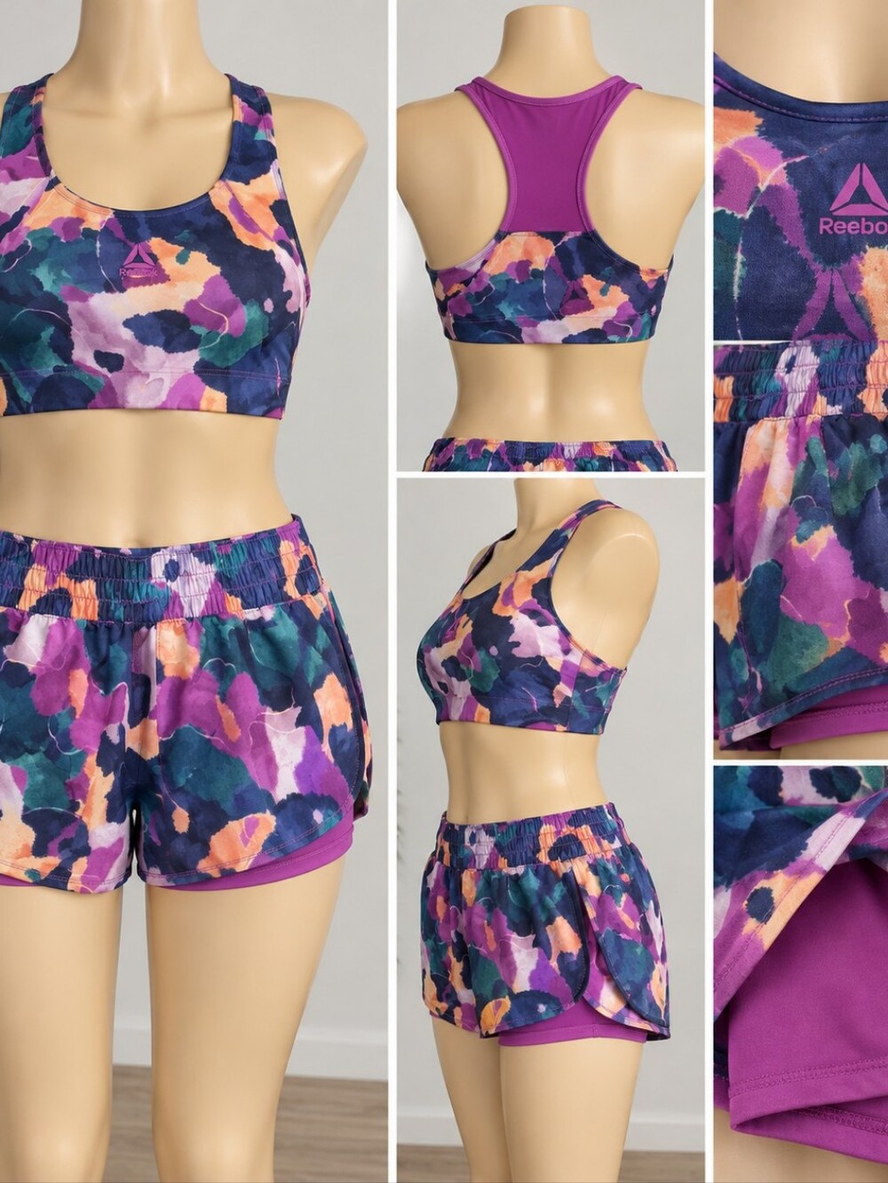 Reebok Purple Multi-Print Sports Bra and Shorts Set